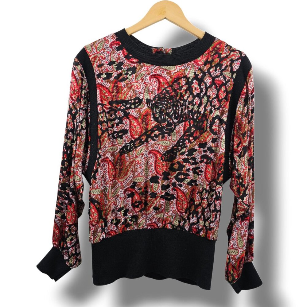 Vintage Lillie Rubin Silk Top Black Red Paisley Size 12 Asian Tiger Back Buttons